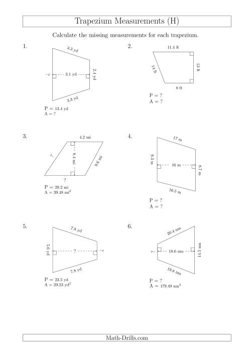 The Calculating Various Measurements of Trapeziums (H) Math Worksheet