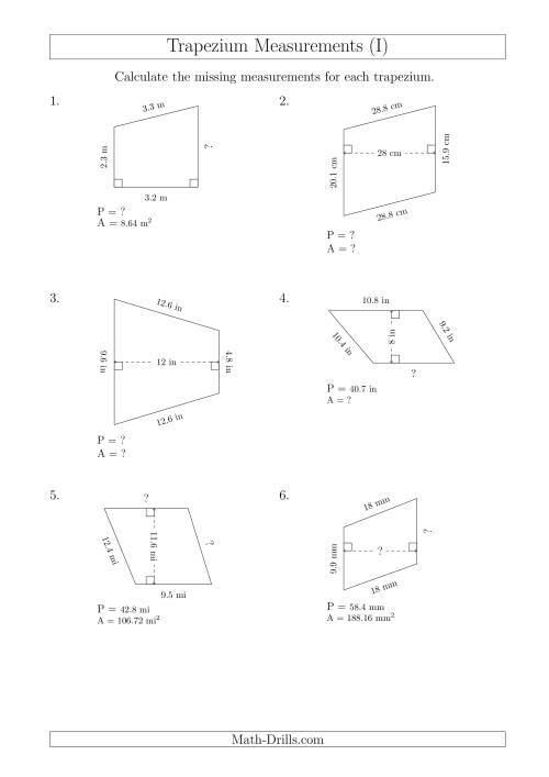The Calculating Various Measurements of Trapeziums (I) Math Worksheet