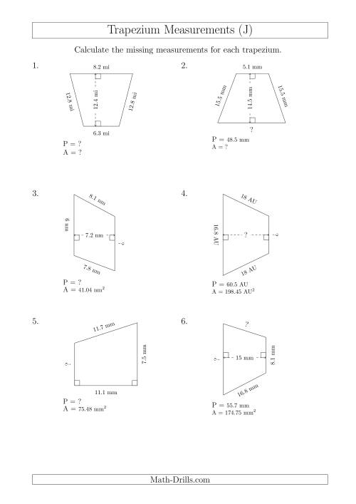 The Calculating Various Measurements of Trapeziums (J) Math Worksheet