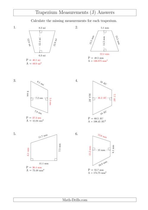 The Calculating Various Measurements of Trapeziums (J) Math Worksheet Page 2