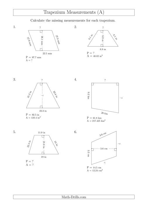 The Calculating Various Measurements of Trapeziums (All) Math Worksheet