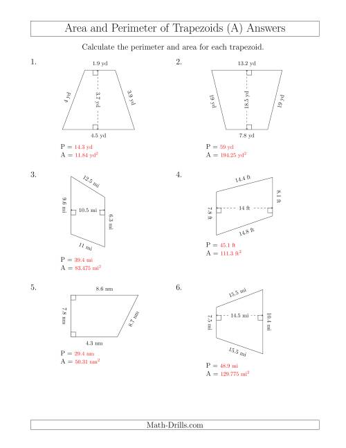 The Calculating the Perimeter and Area of Trapezoids (Smaller Numbers) (A) Math Worksheet Page 2