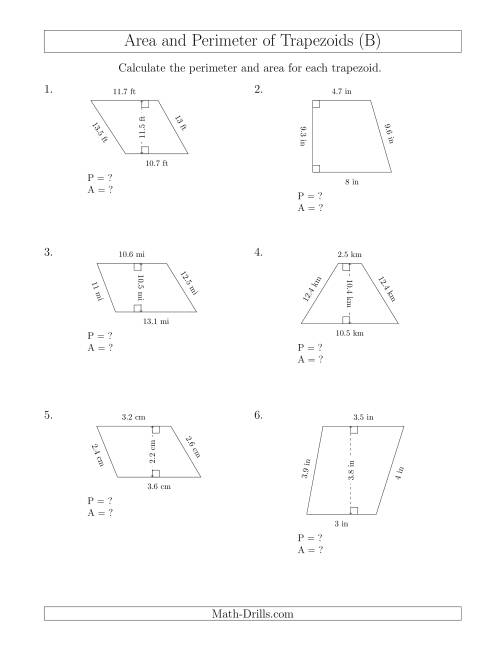 The Calculating the Perimeter and Area of Trapezoids (Smaller Numbers) (B) Math Worksheet
