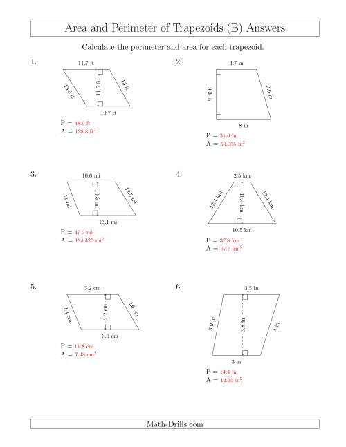 The Calculating the Perimeter and Area of Trapezoids (Smaller Numbers) (B) Math Worksheet Page 2