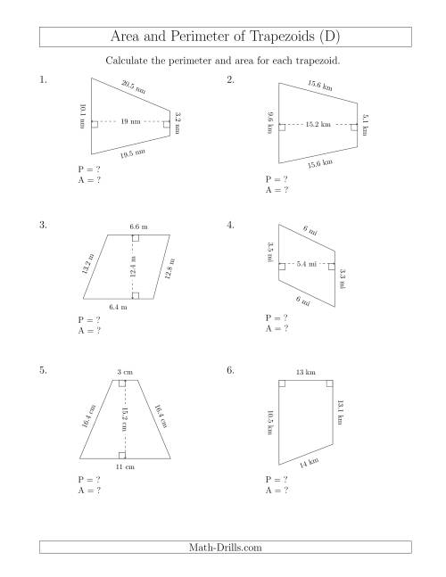 The Calculating the Perimeter and Area of Trapezoids (Smaller Numbers) (D) Math Worksheet