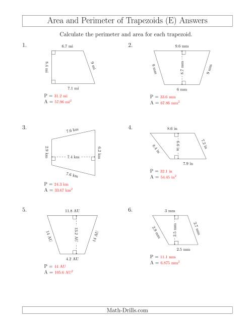 The Calculating the Perimeter and Area of Trapezoids (Smaller Numbers) (E) Math Worksheet Page 2
