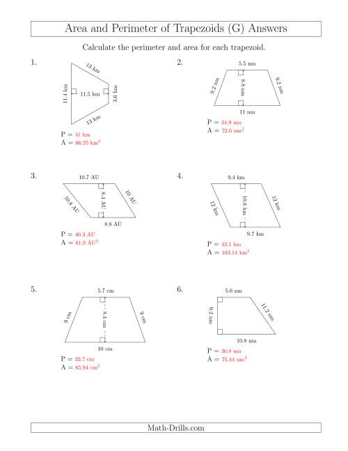 The Calculating the Perimeter and Area of Trapezoids (Smaller Numbers) (G) Math Worksheet Page 2