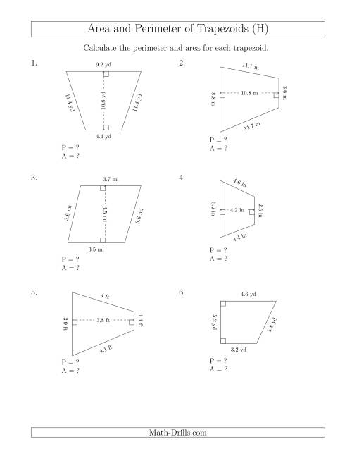 The Calculating the Perimeter and Area of Trapezoids (Smaller Numbers) (H) Math Worksheet