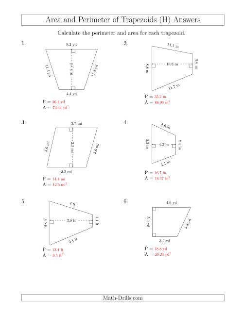 The Calculating the Perimeter and Area of Trapezoids (Smaller Numbers) (H) Math Worksheet Page 2