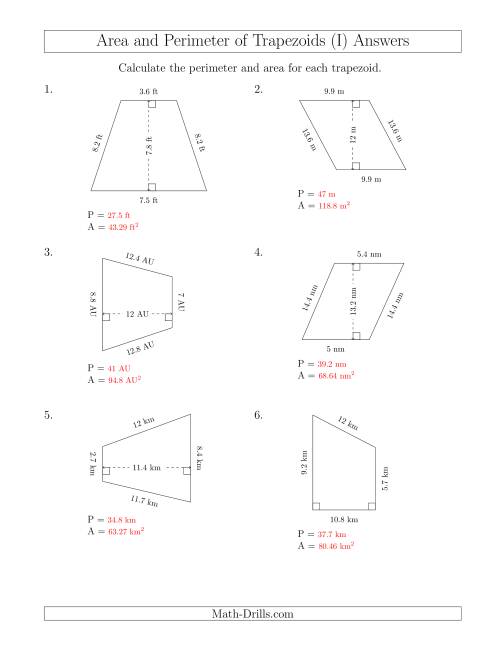 The Calculating the Perimeter and Area of Trapezoids (Smaller Numbers) (I) Math Worksheet Page 2