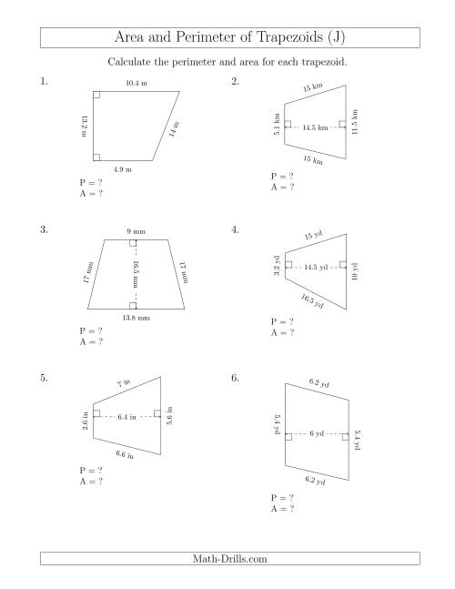 The Calculating the Perimeter and Area of Trapezoids (Smaller Numbers) (J) Math Worksheet