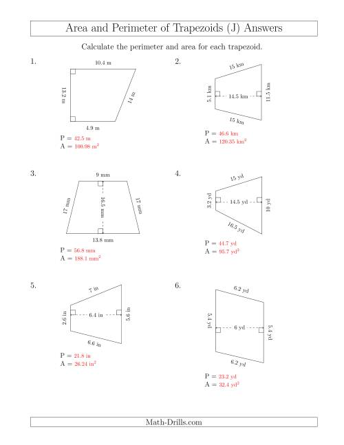 The Calculating the Perimeter and Area of Trapezoids (Smaller Numbers) (J) Math Worksheet Page 2