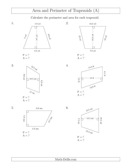 The Calculating the Perimeter and Area of Trapezoids (Smaller Numbers) (All) Math Worksheet
