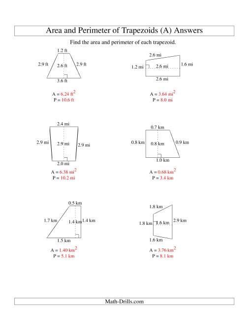 The Area and Perimeter of Trapezoids (up to 1 decimal place; range 1-5) (Old) Math Worksheet Page 2