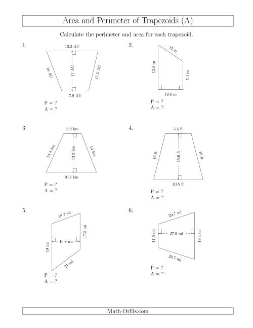 The Calculating the Perimeter and Area of Trapezoids (Larger Numbers) (A) Math Worksheet