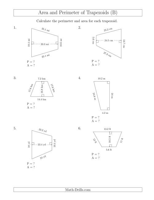The Calculating the Perimeter and Area of Trapezoids (Larger Numbers) (B) Math Worksheet