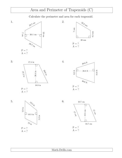 The Calculating the Perimeter and Area of Trapezoids (Larger Numbers) (C) Math Worksheet