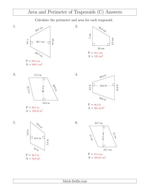 The Calculating the Perimeter and Area of Trapezoids (Larger Numbers) (C) Math Worksheet Page 2