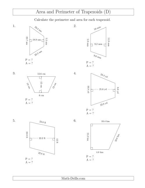 The Calculating the Perimeter and Area of Trapezoids (Larger Numbers) (D) Math Worksheet