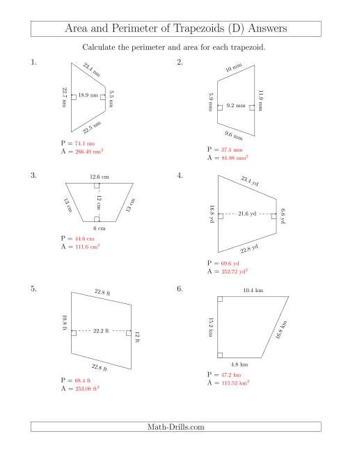 The Calculating the Perimeter and Area of Trapezoids (Larger Numbers) (D) Math Worksheet Page 2