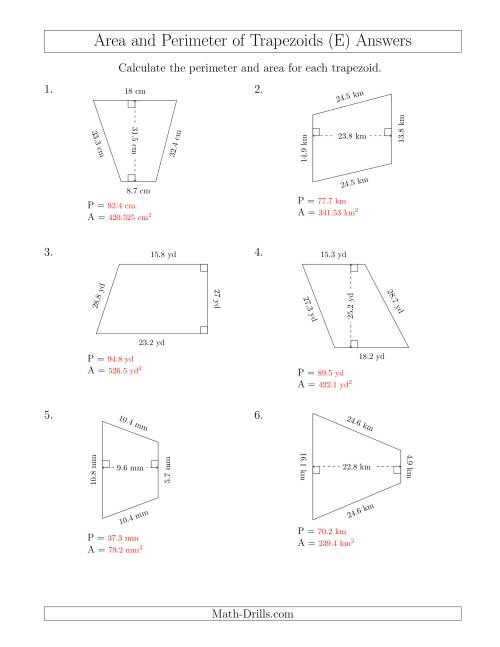 The Calculating the Perimeter and Area of Trapezoids (Larger Numbers) (E) Math Worksheet Page 2