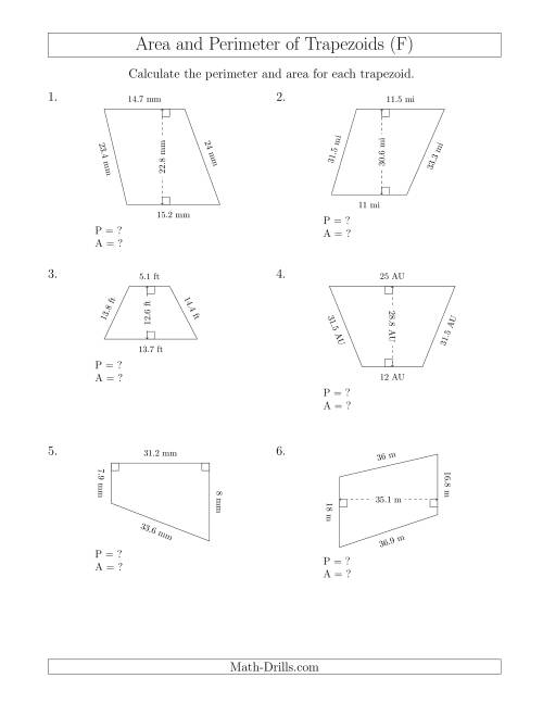 The Calculating the Perimeter and Area of Trapezoids (Larger Numbers) (F) Math Worksheet