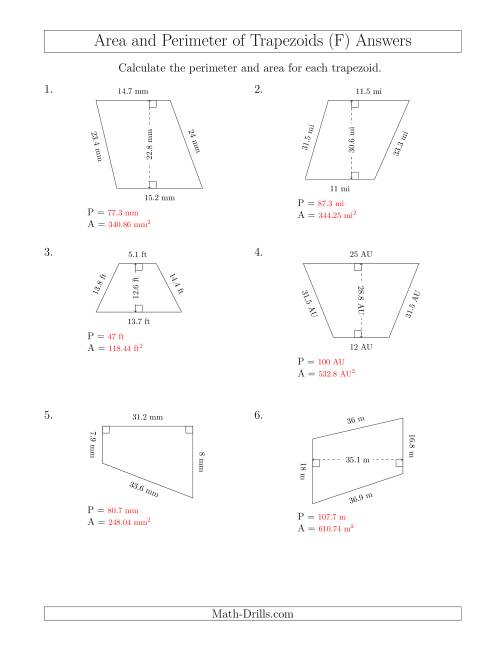 The Calculating the Perimeter and Area of Trapezoids (Larger Numbers) (F) Math Worksheet Page 2