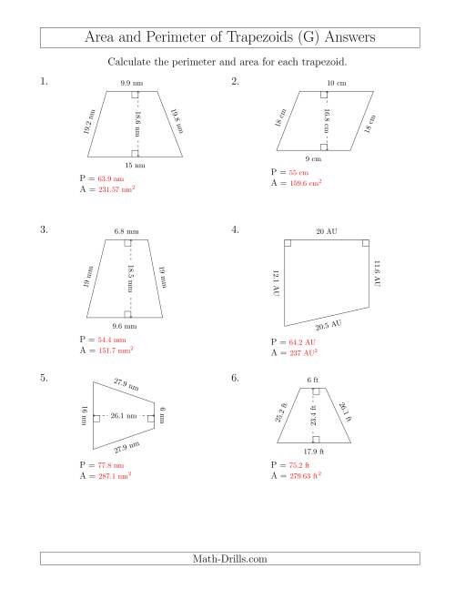 The Calculating the Perimeter and Area of Trapezoids (Larger Numbers) (G) Math Worksheet Page 2