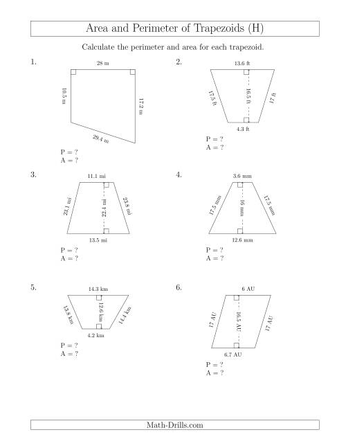 The Calculating the Perimeter and Area of Trapezoids (Larger Numbers) (H) Math Worksheet