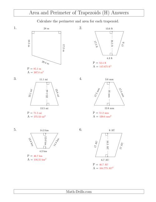 The Calculating the Perimeter and Area of Trapezoids (Larger Numbers) (H) Math Worksheet Page 2