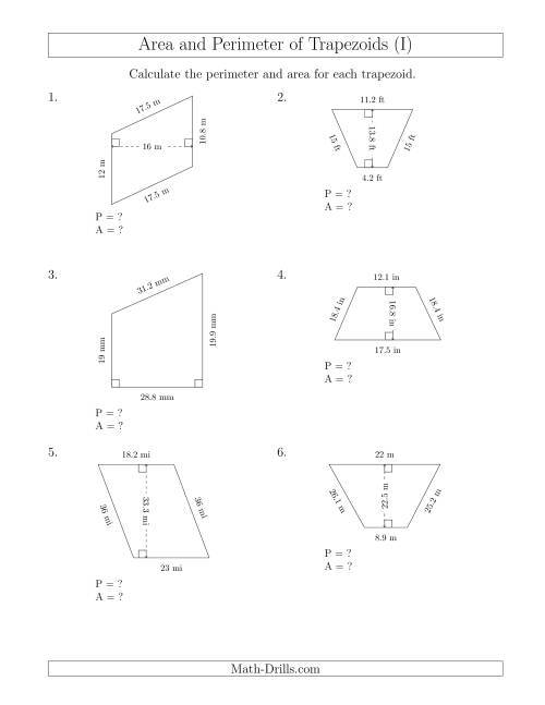 The Calculating the Perimeter and Area of Trapezoids (Larger Numbers) (I) Math Worksheet