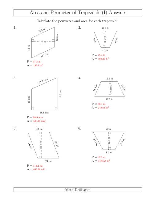 The Calculating the Perimeter and Area of Trapezoids (Larger Numbers) (I) Math Worksheet Page 2