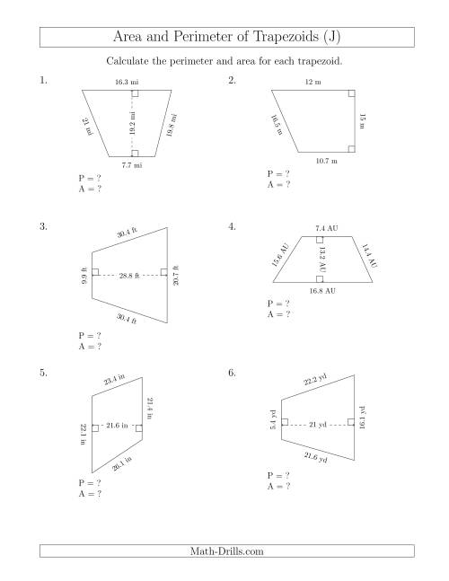 The Calculating the Perimeter and Area of Trapezoids (Larger Numbers) (J) Math Worksheet