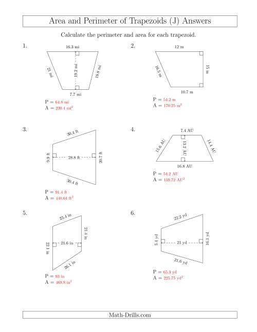 The Calculating the Perimeter and Area of Trapezoids (Larger Numbers) (J) Math Worksheet Page 2