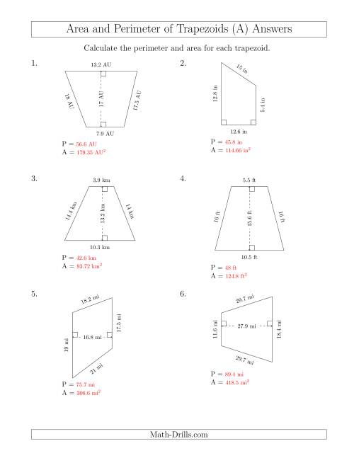 The Calculating the Perimeter and Area of Trapezoids (Larger Numbers) (All) Math Worksheet Page 2