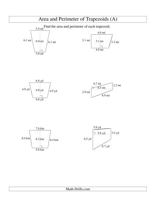 The Area and Perimeter of Trapezoids (up to 1 decimal place; range 1-9) (Old) Math Worksheet