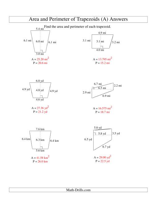 The Area and Perimeter of Trapezoids (up to 1 decimal place; range 1-9) (Old) Math Worksheet Page 2