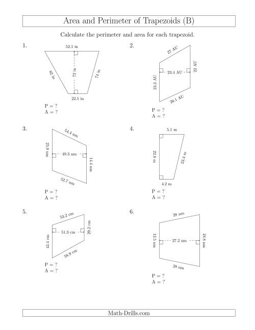 The Calculating the Perimeter and Area of Trapezoids (Even Larger Numbers) (B) Math Worksheet
