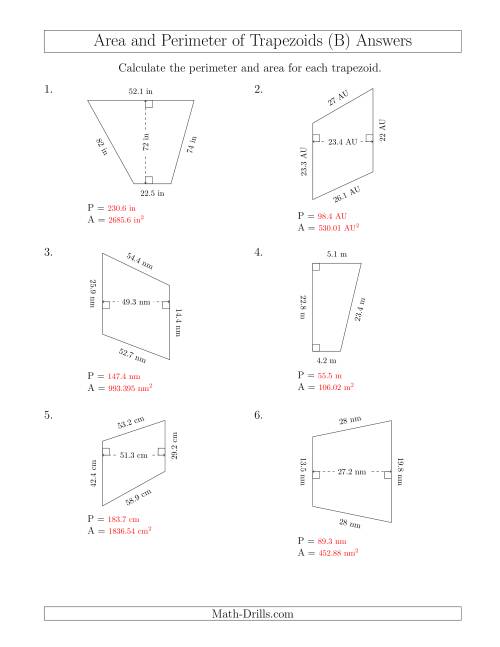 The Calculating the Perimeter and Area of Trapezoids (Even Larger Numbers) (B) Math Worksheet Page 2