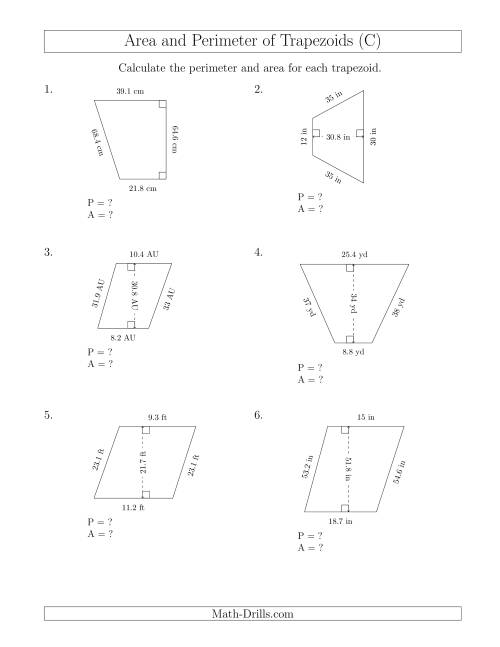 The Calculating the Perimeter and Area of Trapezoids (Even Larger Numbers) (C) Math Worksheet