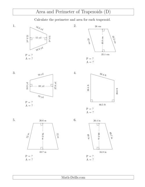 The Calculating the Perimeter and Area of Trapezoids (Even Larger Numbers) (D) Math Worksheet