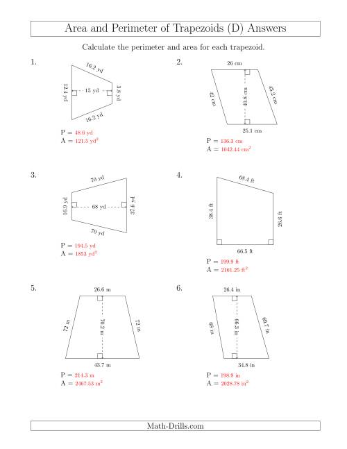 The Calculating the Perimeter and Area of Trapezoids (Even Larger Numbers) (D) Math Worksheet Page 2