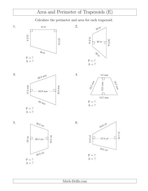 The Calculating the Perimeter and Area of Trapezoids (Even Larger Numbers) (E) Math Worksheet