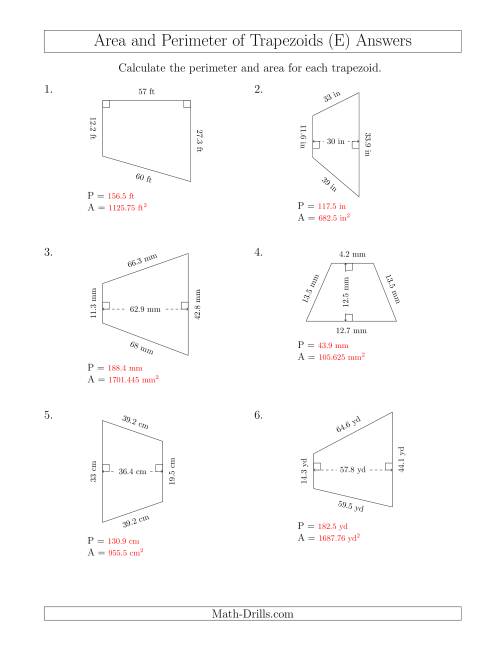 The Calculating the Perimeter and Area of Trapezoids (Even Larger Numbers) (E) Math Worksheet Page 2
