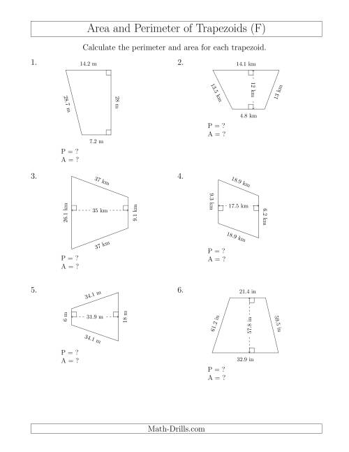 The Calculating the Perimeter and Area of Trapezoids (Even Larger Numbers) (F) Math Worksheet