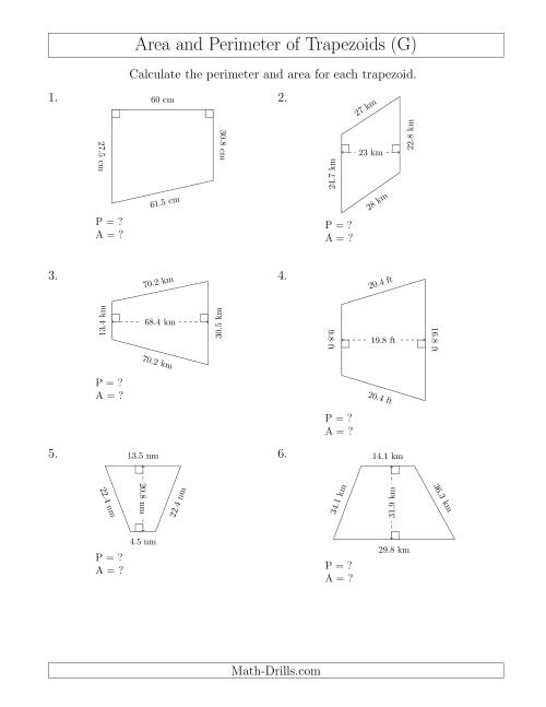 The Calculating the Perimeter and Area of Trapezoids (Even Larger Numbers) (G) Math Worksheet