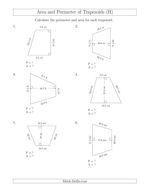 The Calculating the Perimeter and Area of Trapezoids (Even Larger Numbers) (H) Math Worksheet