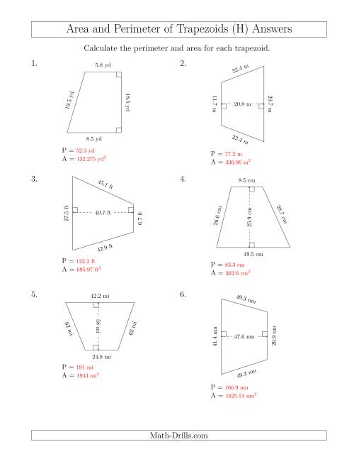 The Calculating the Perimeter and Area of Trapezoids (Even Larger Numbers) (H) Math Worksheet Page 2
