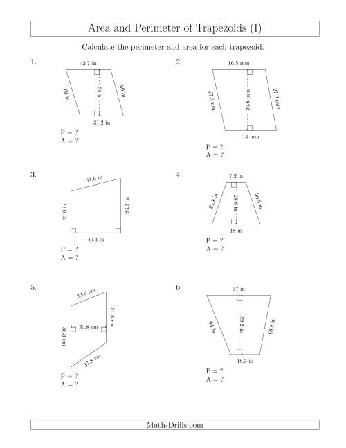 The Calculating the Perimeter and Area of Trapezoids (Even Larger Numbers) (I) Math Worksheet