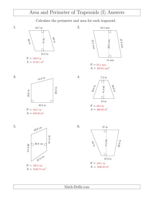 The Calculating the Perimeter and Area of Trapezoids (Even Larger Numbers) (I) Math Worksheet Page 2